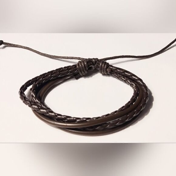 Men's bracelet leather braided layered brown new d49 - Picture 1 of 1
